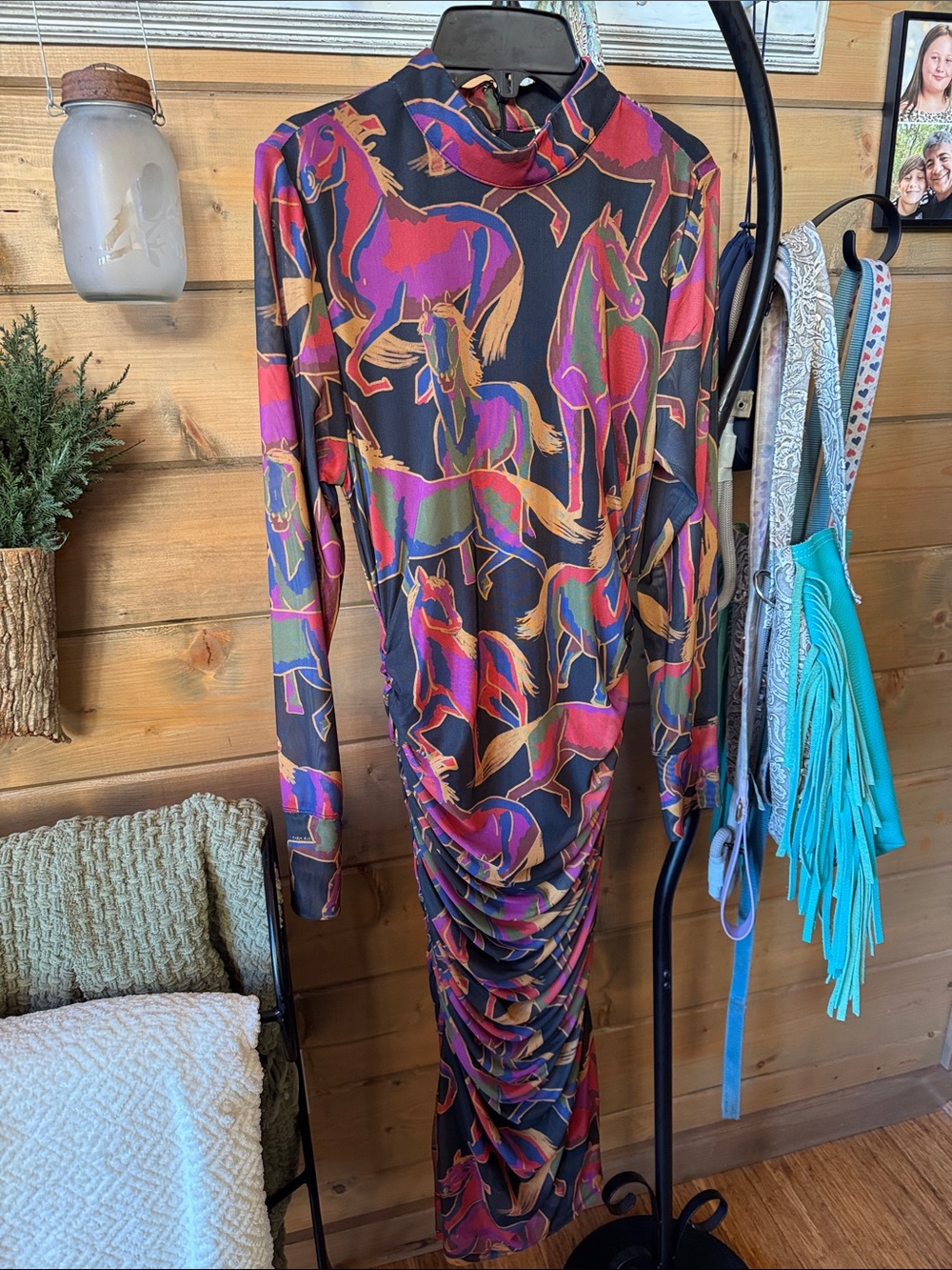 Farm Rio Long Sleeve Horse-Print Ruched mesh Midi Dress - Black/Purple